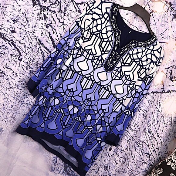 BEADED STAINED GLASS TUNIC 2X Blue White Metallic Beach Packable Vacation Casual - Picture 1 of 7